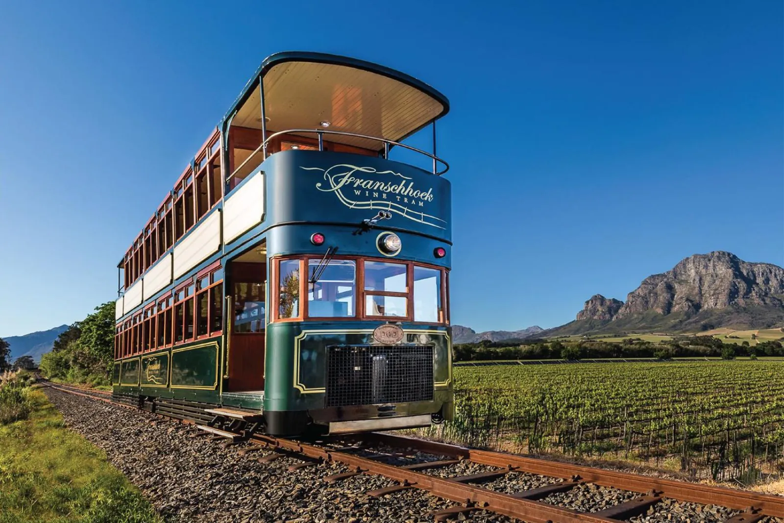 The green and cream Franschhoek Wine Tram on its tracks beside the vineyards