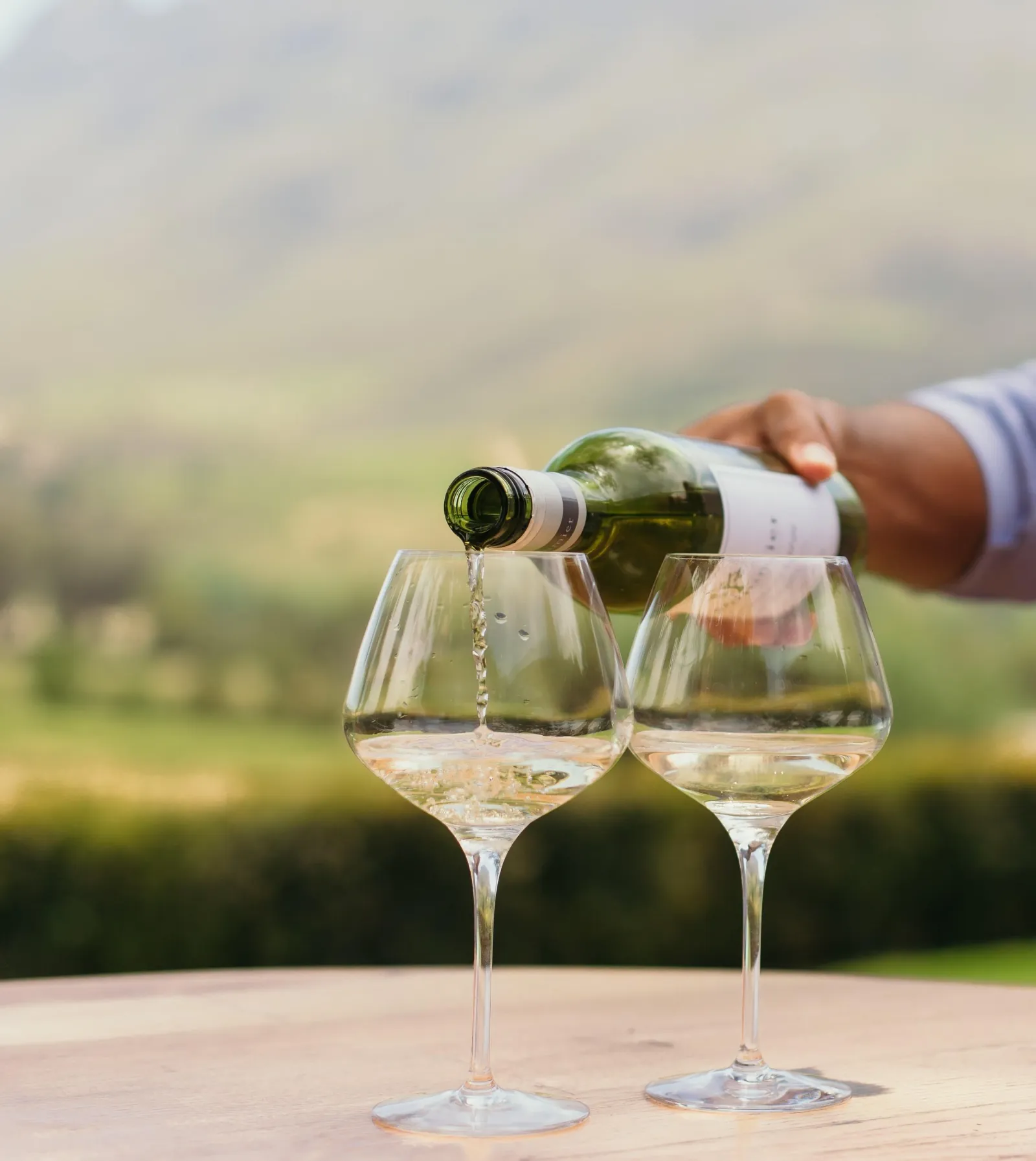 White wine being poured into tasting glasses on an outdoor table at a wine estate
