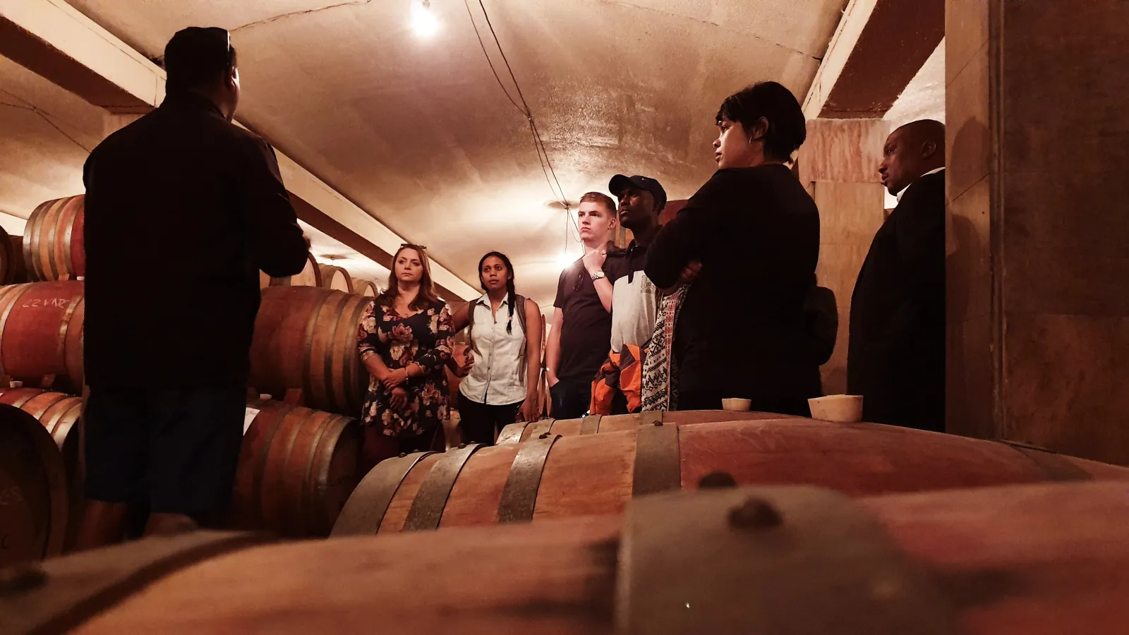A guide leading a tasting group through a barrel cellar